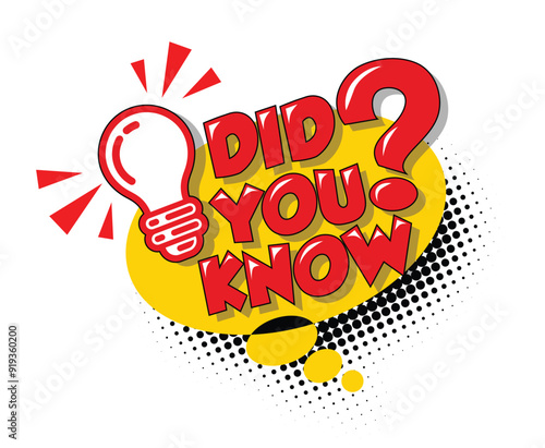 Did You Know speech bubble label design with light bulb and rays. Vector in pop art style on transparent background.