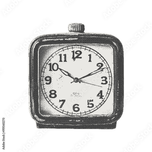 Vintage clock. Collage cutout element for scrapbook, poster, t-shirt. Vector monochrome sticker in a surreal bitmap style with dotted photocopy texture.