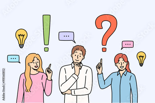 Collective brainstorming among business people looking for solution to problem or opportunity to attract clients. Brainstorming and searching for answer to question among office clerks and managers