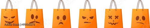 Halloween set of orange shopping bags with scary cartoon faces. funny halloween sale elements