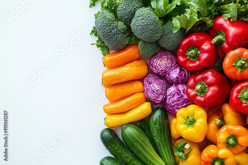 Vegetables on table top view with copy space flat lay healthy food composition, exploring fresh vegetables herbs spices olive oil on marble, healthy cooking concept.