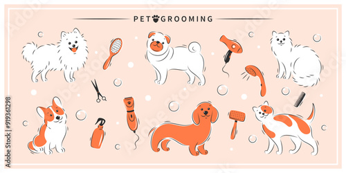 Dog and cat beauty grooming salon, haircuts, bathing, care hair of pet. Pet grooming. Vector illustration.