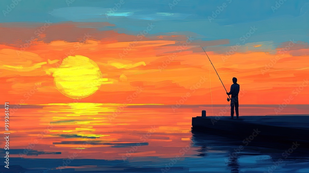 Fototapeta premium A fisherman standing on a pier at sunset, with his fishing rod in hand and the ocean stretching out before him, symbolizing the timeless art of fishing.