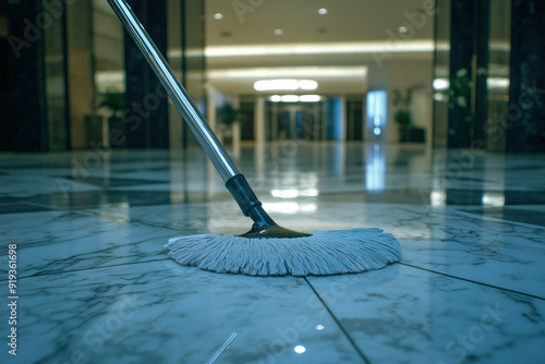 Wallpaper Mural A mop in use, ensuring thorough cleanliness on the marble floor of a corporate lobby Torontodigital.ca