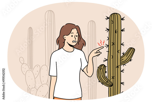 Stressed woman touching cactus plant in desert landscape. Unhappy female hurt with cactus prick in nature. Vector illustration.