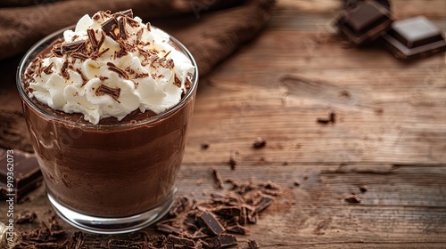 A luxurious chocolate mousse in a glass cup, topped with whipped cream and chocolate shavings, served on a rustic wooden table. Perfect for dessert-themed stock photos.