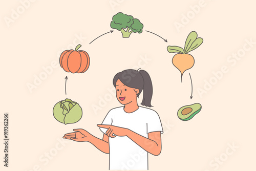 Vegetarian woman with fruits and vegetables for diet that allows to lead healthy lifestyle