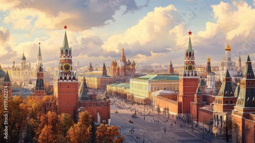 A panoramic view of the Kremlin and Red Square, with historical buildings and statues, symbolizing the rich history and power of Russia.