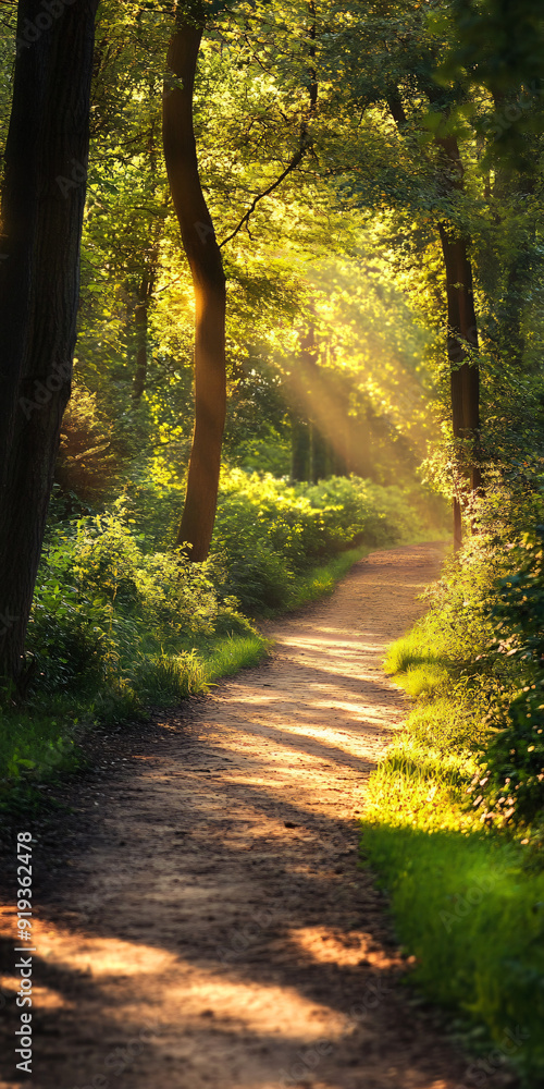 Serene forest path illuminated by warm sunlight Serene forest path illuminated by warm sunlight