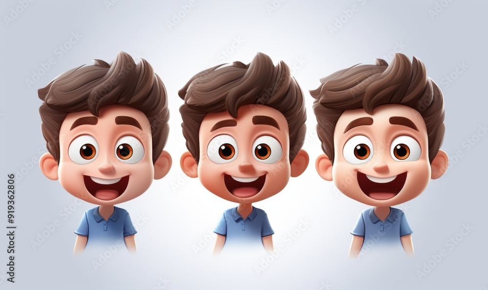 Fototapeta premium Joyful 3D Cartoon Boys: Trio of Smiling Children Characters in Vibrant Design. Creative Advertising Concept for Happy Childhood, Emotional Expression, and Youthful Energy. Playful Portrayal of Kids' H