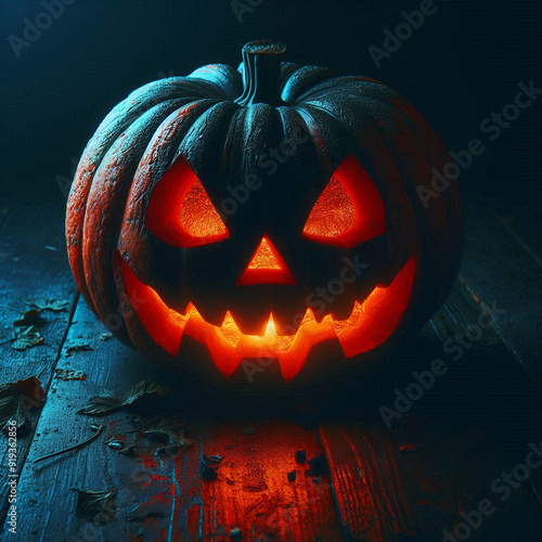 a pumpkin with a candle on it sits on a table with other items. photo