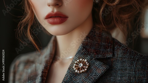 Elegant close-up of a woman's lips and blazer, showcasing a chic brooch, perfect for fashion and beauty themes.