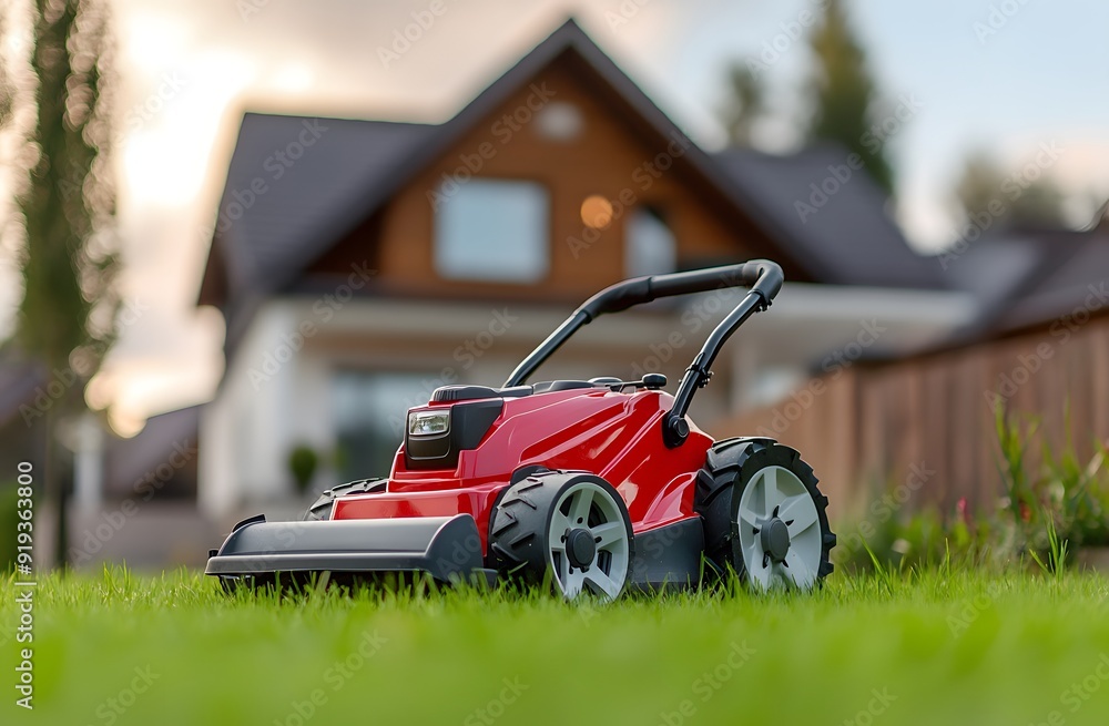 A red lawn mower on the grass in front of the house. A green, electrically powered battery-powered lawnmower is used for mowing green meadows A red lawn mower on the grass in front of the house. A green, electrically powered battery-powered lawnmower is used for mowing green meadows