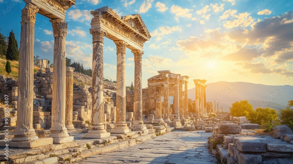 Obraz premium The ancient ruins of Ephesus, with towering columns and marble statues, set against a backdrop of rolling hills and blue skies, highlighting Trkiye's historical heritage.
