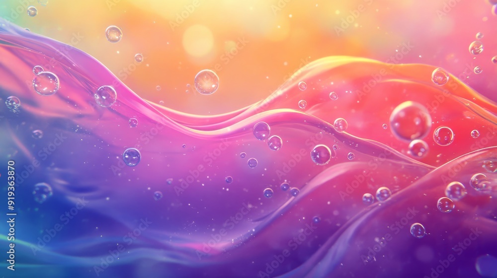 Naklejka premium Dreamlike underwater environment with bubbles in every shade, set against a colorful, hand-drawn animation background with abstract waves and colors