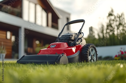 A red lawn mower on the grass in front of the house. A green, electrically powered battery-powered lawnmower is used for mowing green meadows  photo