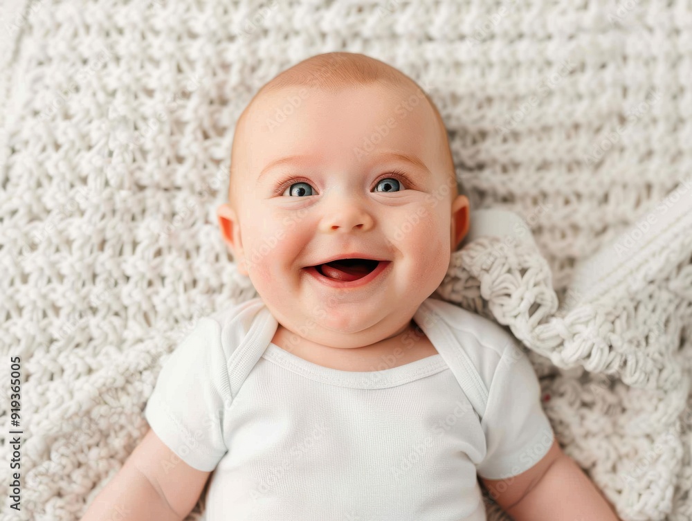 Happy Baby on Soft Blanket Smiling and Looking Up with Innocent Expression Happy Baby on Soft Blanket Smiling and Looking Up with Innocent Expression