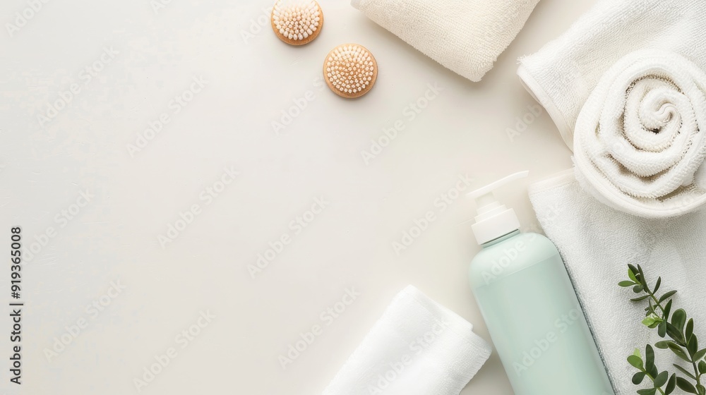 Gentle Care for Babies - Baby Shampoo and Washcloths on Neutral Background Gentle Care for Babies - Baby Shampoo and Washcloths on Neutral Background
