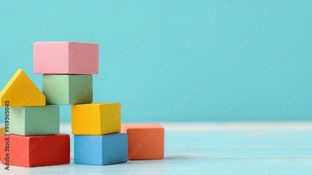 Playful Array of Brightly Colored Toy Blocks and Shapes on Light Surface Playful Array of Brightly Colored Toy Blocks and Shapes on Light Surface