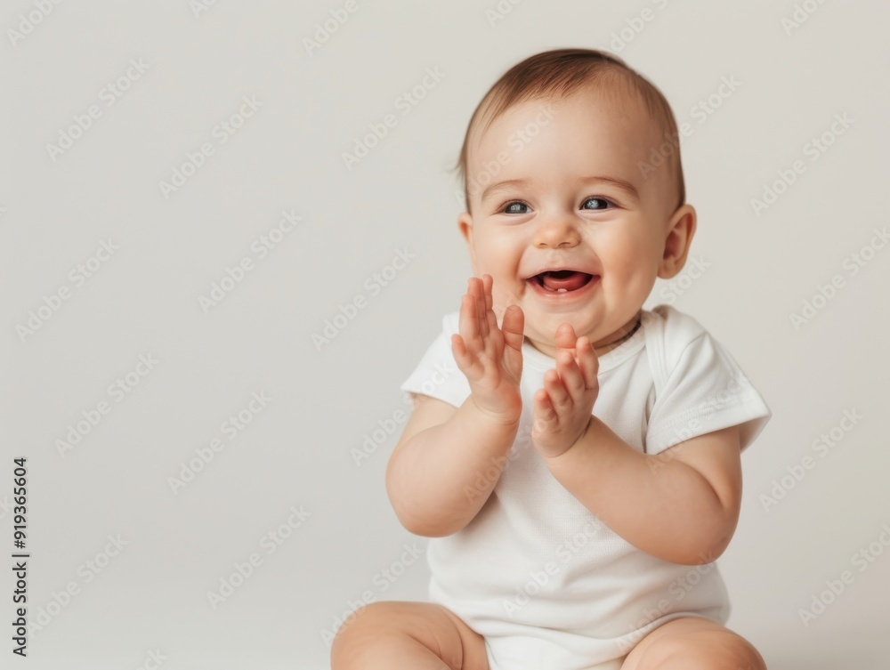 Joyful Baby Sitting Up, Laughing and Clapping Hands - Happy Infant Playtime Concept Joyful Baby Sitting Up, Laughing and Clapping Hands - Happy Infant Playtime Concept