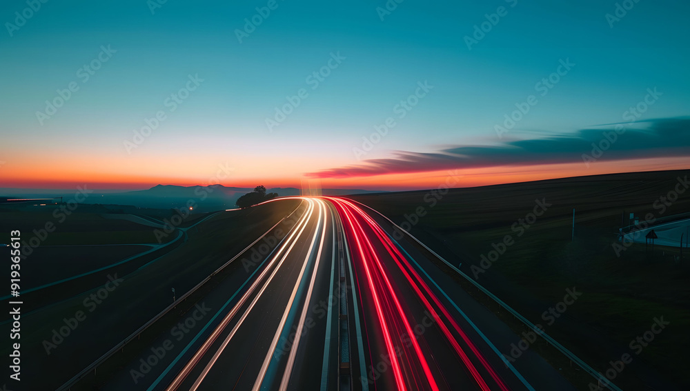 A long exposure photo of a highway at sunset, with light trails from cars creating streaks across the horizon. The road leads into the distance, with hills in the background, evoking a sense of speed. A long exposure photo of a highway at sunset, with light trails from cars creating streaks across the horizon. The road leads into the distance, with hills in the background, evoking a sense of speed.