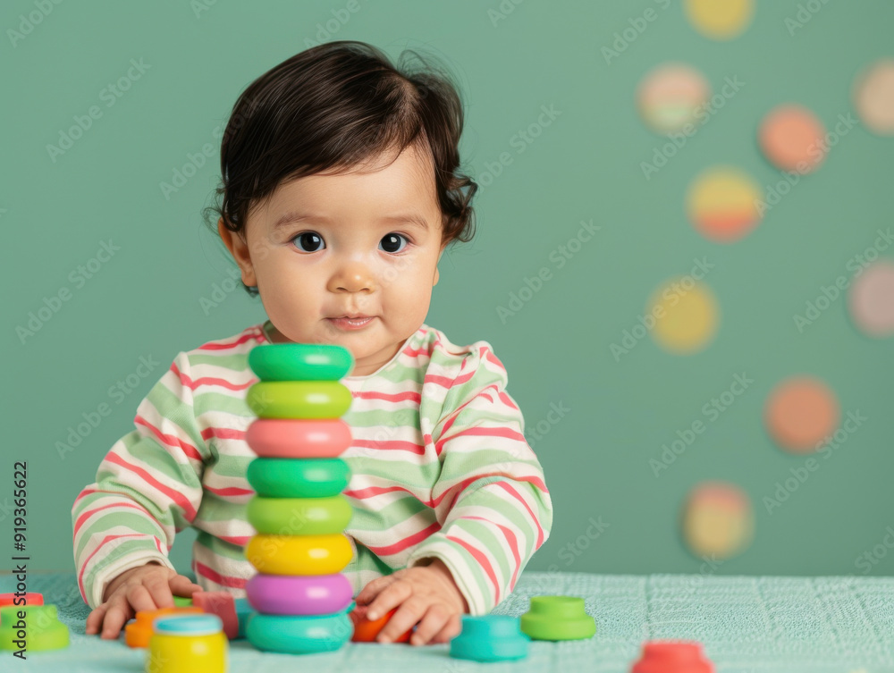 Cute Baby Playing with Colorful Stacking Rings Cute Baby Playing with Colorful Stacking Rings