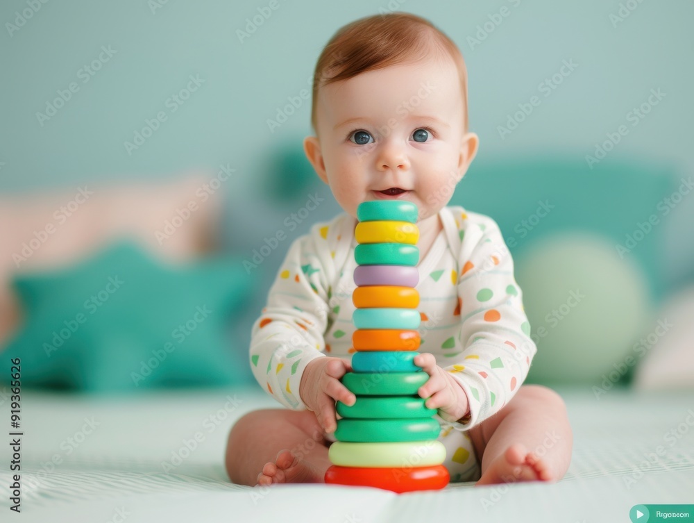 Concentrated Baby Playing with Stacking Toy - Early Learning and Development Concept Concentrated Baby Playing with Stacking Toy - Early Learning and Development Concept