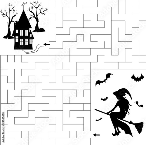 Labyrinth or maze game. Puzzle for children. Help the witch find her way home.