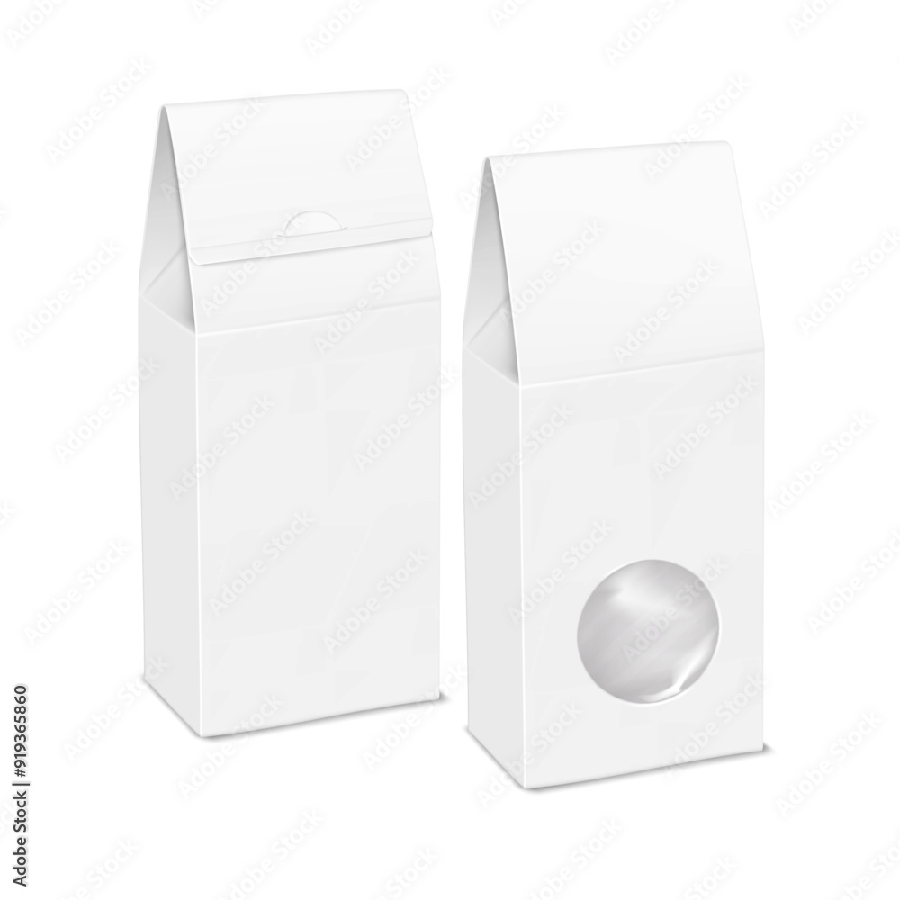 White blank cardboard gable top box with clear plastic round window. Front and back. Realistic 3d vector mock-up. Paper gift bag packaging. Mockup. Template for design White blank cardboard gable top box with clear plastic round window. Front and back. Realistic 3d vector mock-up. Paper gift bag packaging. Mockup. Template for design