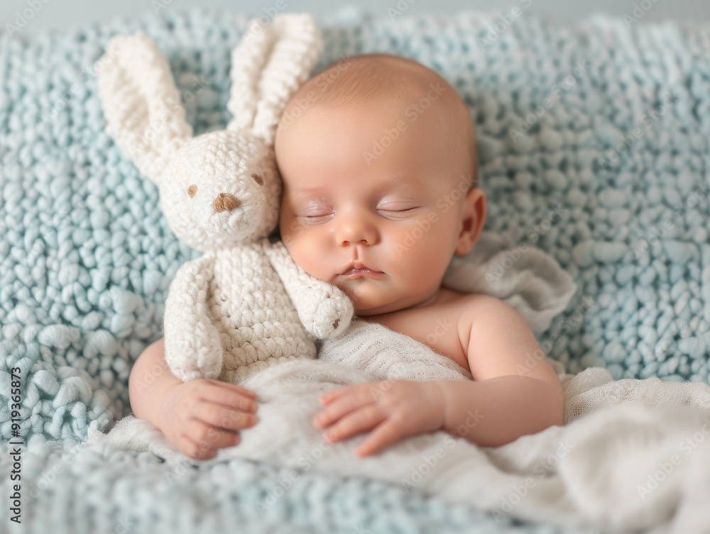 Adorable Baby Lying on Side Cuddling with Stuffed Animal in Nursery Adorable Baby Lying on Side Cuddling with Stuffed Animal in Nursery
