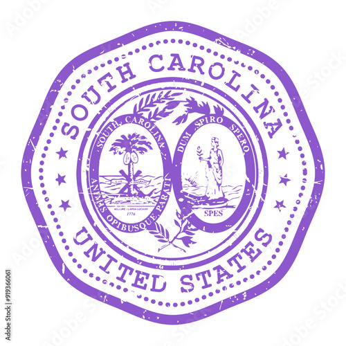 South Carolina state stamp with seal, USA travel stamp, shabby postmark of South Carolina, vector