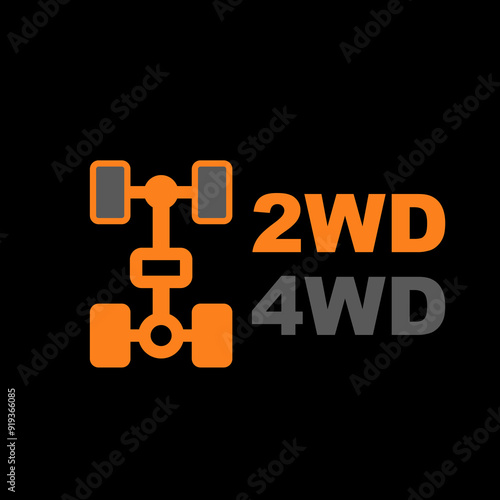 2WD and 4WD wheel drive car dashboard light on, four-wheel drive icon animation, awd on indicator, vector