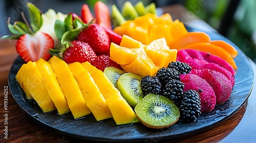 Fototapeta Naklejka Na Ścianę i Meble -  Platter of exotic tropical fruits with vibrant colors and enticing aromas, tropical paradise, fruit indulgence, island flavors, refreshing delight, tropical escape,