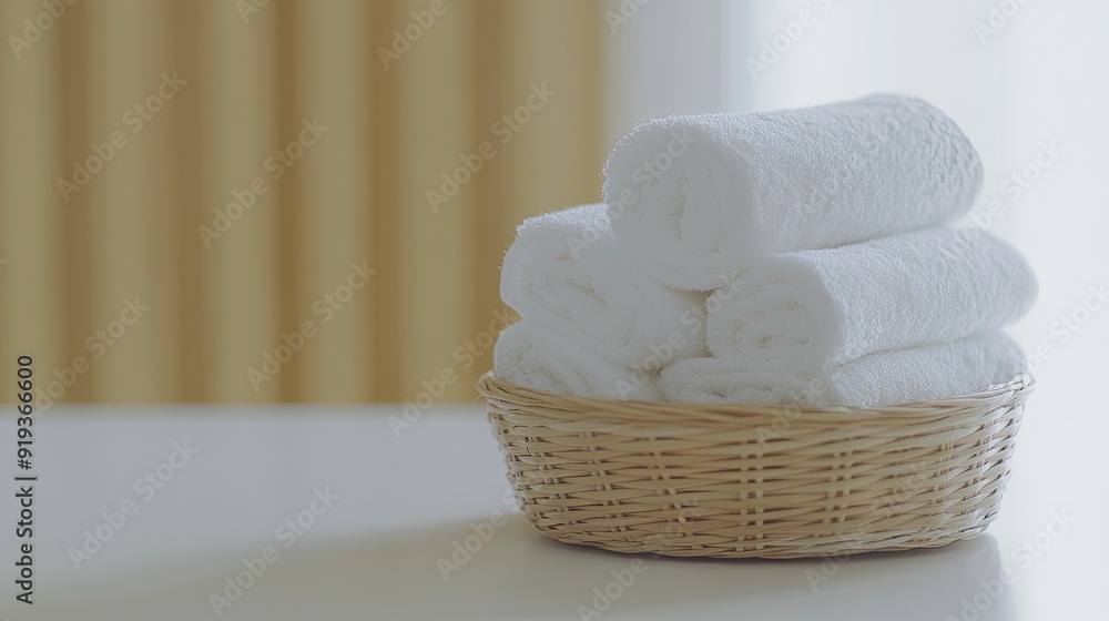Clean, folded white towels are neatly arranged in a woven basket on an empty white table, illuminated by soft natural light in a minimalist setting Clean, folded white towels are neatly arranged in a woven basket on an empty white table, illuminated by soft natural light in a minimalist setting