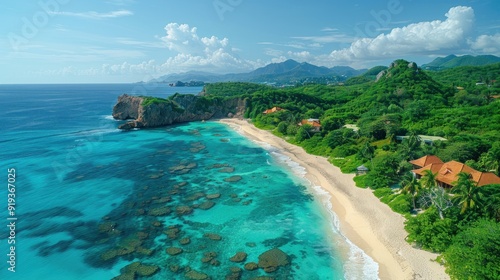 Tropical Beach with Lush Greenery and Crystal Clear Water