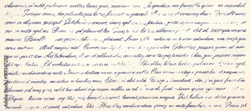 Unreadable poetry text banner. Handwritten abstract text. Vector cursive english text written by a pen. Template linear cursive lettering.  Horizontal banner with latin or english illegible words.