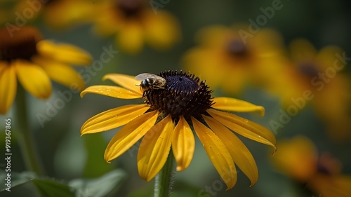 bee on black eyed susan defocused yellow nature background Generative AI photo