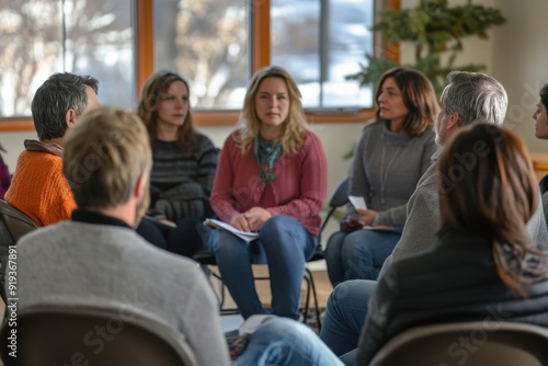 Group of people seated in a circle having a discussion in a cozy, indoor setting with warm lighting, participating in what appears to be a therapy or support session.