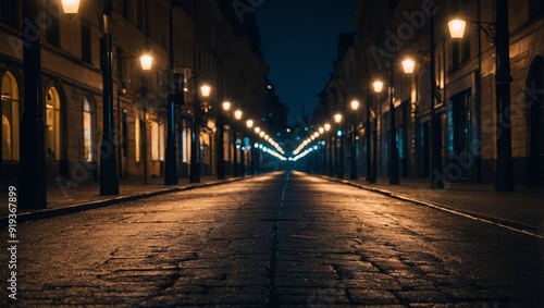 Dark empty street with spotlights