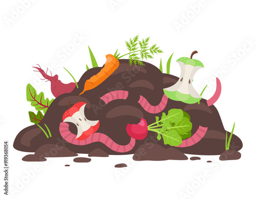 Compost pile with earthworms. Soil with humus. Vector cartoon clipart isolated on white background.