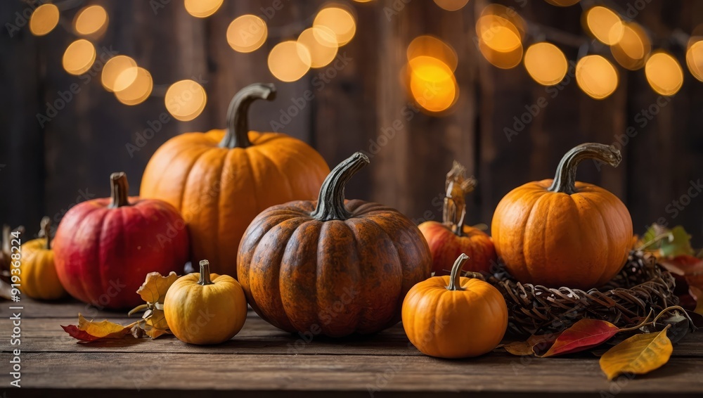 Fall decor for Thanksgiving Day with pumpkins, leaves, apples, lights on wooden table Fall decor for Thanksgiving Day with pumpkins, leaves, apples, lights on wooden table