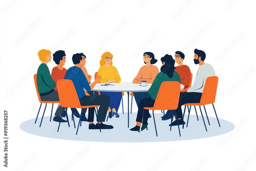 A meeting setup with participants sitting in a circle, engaging in a group discussion, fostering a sense of unity and shared insights in a professional setting. A meeting setup with participants sitting in a circle, engaging in a group discussion, fostering a sense of unity and shared insights in a professional setting.