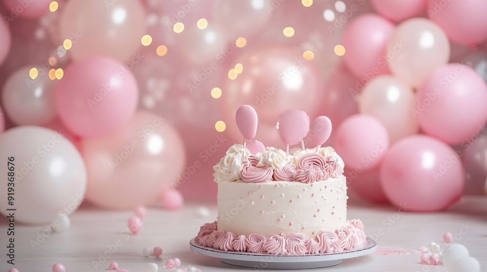 A pink birthday cake with three balloons on top of it A pink birthday cake with three balloons on top of it