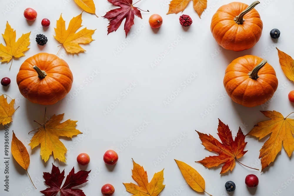 Fototapeta premium Flat lay composition with pumpkins, berries and autumn leaves on white background, space for text. Thanksgiving Day