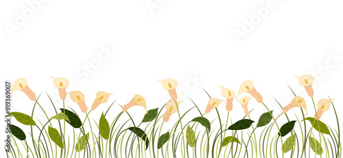 Fotografie Horizontal cartoon banner with gorgeous multicolored blooming flowers, leaves border