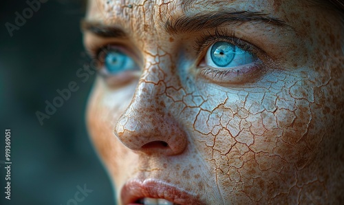 close up on damaged face skin of old woman skin exfoliation dry skin concept. photo