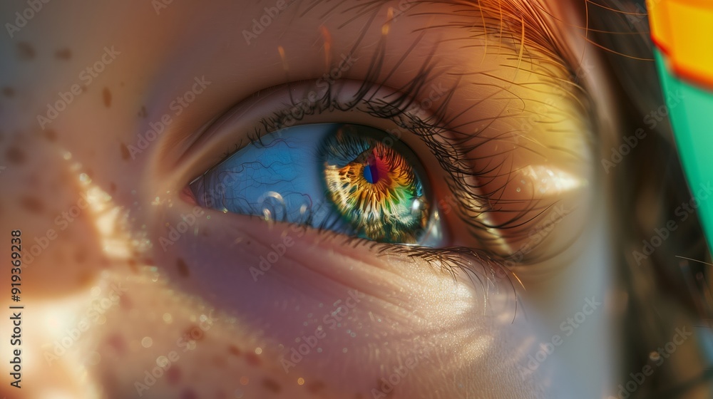 A close up of a person's eye with a rainbow colored reflection A close up of a person's eye with a rainbow colored reflection