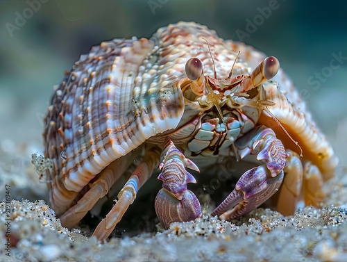 Close-up macro shot of a hermit crab with its shell partially buried in the sand, the detailed textures of the shell and sand creating a striking underwater composition