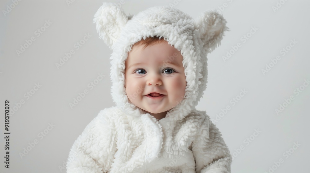 A baby wearing a white bear or sheep suit is smiling, white background A baby wearing a white bear or sheep suit is smiling, white background