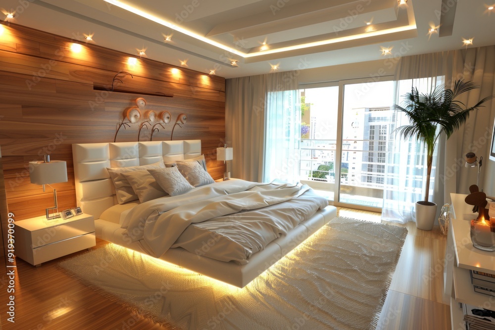 Modern Bedroom with White Bed and Wooden Floor Modern Bedroom with White Bed and Wooden Floor